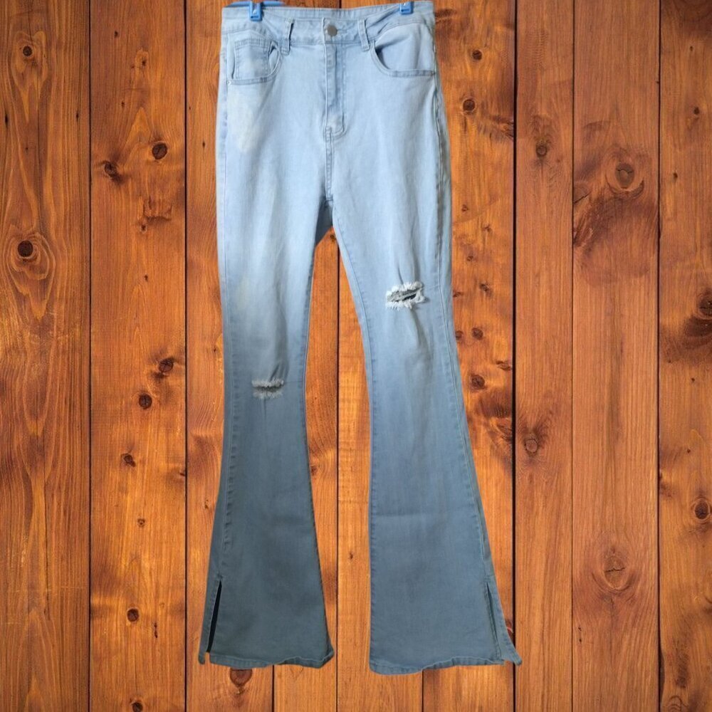 Shein Women's Medium Light Blue Distressed Flared Stretch Slit Leg Denim Jeans